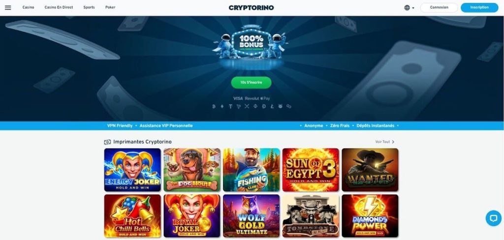 Cryptorino Casino page accueil